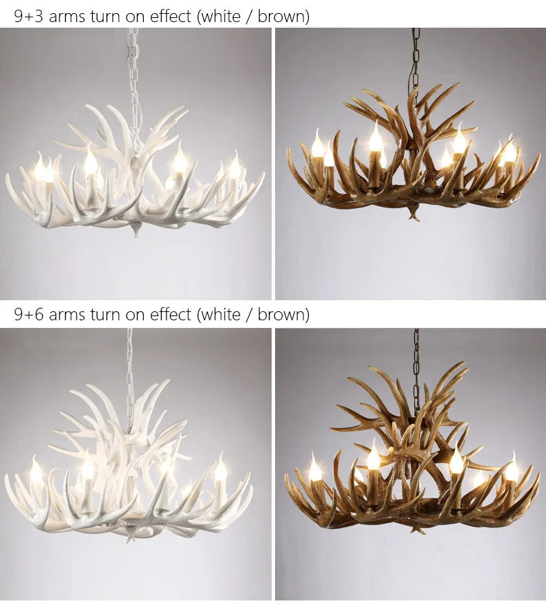 Retro Antler Chandelier Lighting Resin Deer Horn Pendant Lamp