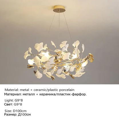 Luxury Ceramic Ginkgo Leaf Chandelier Gold Branches Chandelier