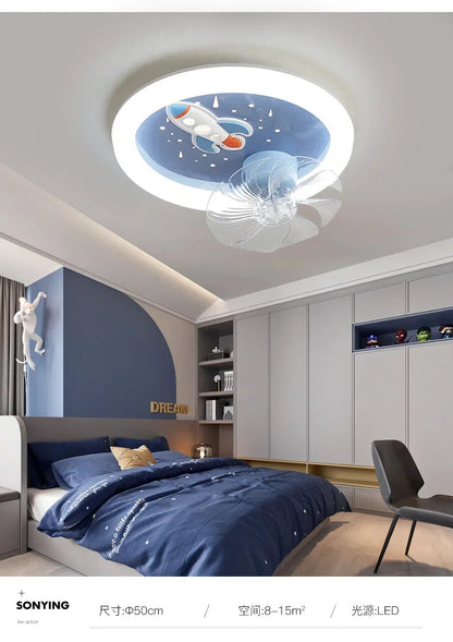 Modern Kids Room Ceiling Fan Light Cartoon Moon Astronaut children bedroom hanging Light