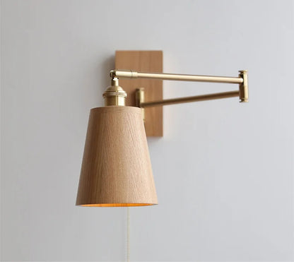 Retro Walnut Ash Wood LED Wall Lamp Copper Bedside Pull Chain Wall Light