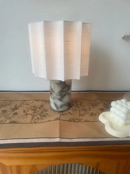 Moden Cylindrical Marble LED Table Lamps White Pleated Fabric Lampshade Living Room Bedroom Study Restaurant Reading Desk Lights