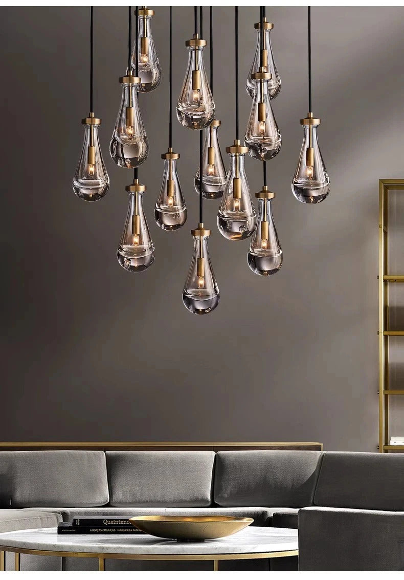 Luxury All Copper LED Pendant Light Modern Water drop Glass chandelier