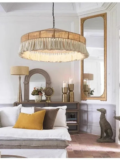 Wabi Sabi Style Retro Living Room Hemp Rope Pendant Light Bohemian Tassel Pendant Lamp
