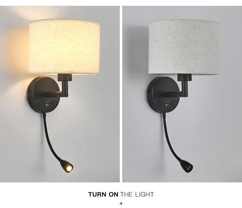 Bedside Wall Lamp LED Fabric Lampshade With 3W 360° Rotation Spotlight Reading lights