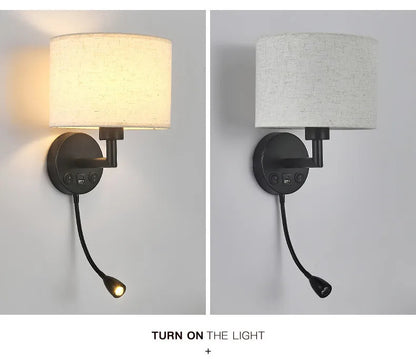 Bedside Wall Lamp LED Fabric Lampshade With 3W 360° Rotation Spotlight Reading lights