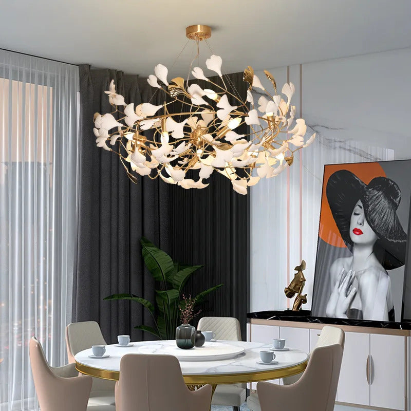 Luxury Ceramic Ginkgo Leaf Chandelier Gold Branches Chandelier