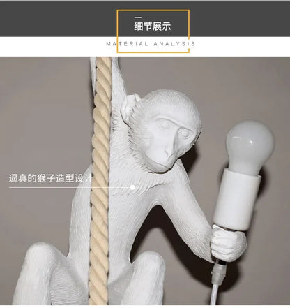 Art creative monkey Pendant lamp White black Resin animal hemp rope wall lamp