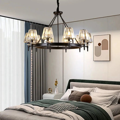 Retro Matte Black Round Metal Led Chandelier Lustre K9 Crystal Shades Pendant Lights Lighting Hanging Lamps Room Decor Fixtures