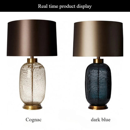 American Blue Glass Desk Lamp Fabric Lampshade Warm LED Light Bedroom Bedside Table Living Room Decor Accent