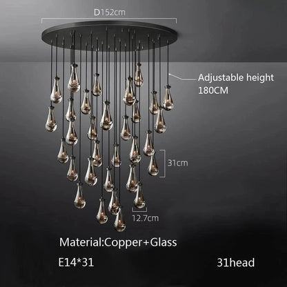 Luxury All Copper LED Pendant Light Modern Water drop Glass chandelier