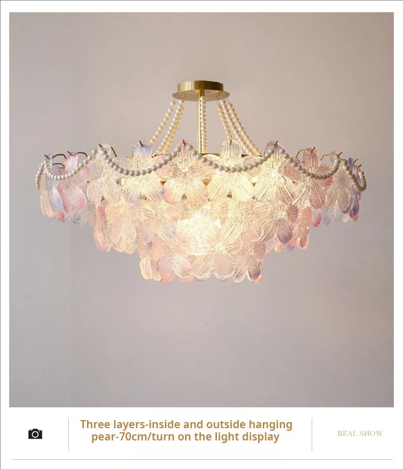 French Flower Crystal Chandelier Lamp Luxury Pink Glass Cream Petal Pendant Lights Living Room Bedroom Dining Room lighting