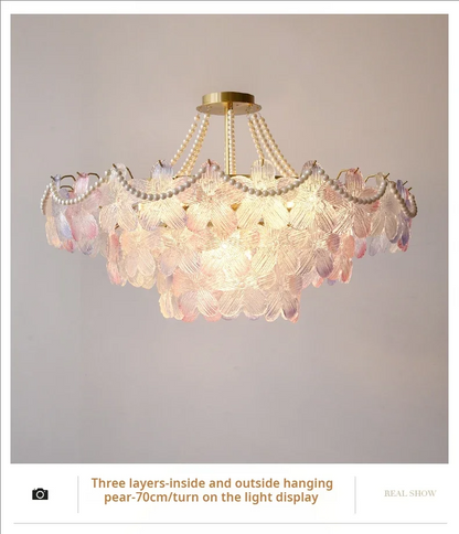 French Flower Crystal Chandelier Lamp Luxury Pink Glass Cream Petal Pendant Lights Living Room Bedroom Dining Room lighting