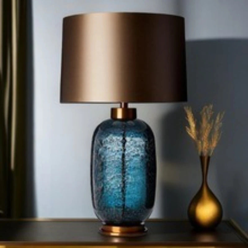 American Blue Glass Desk Lamp Fabric Lampshade Warm LED Light Bedroom Bedside Table Living Room Decor Accent