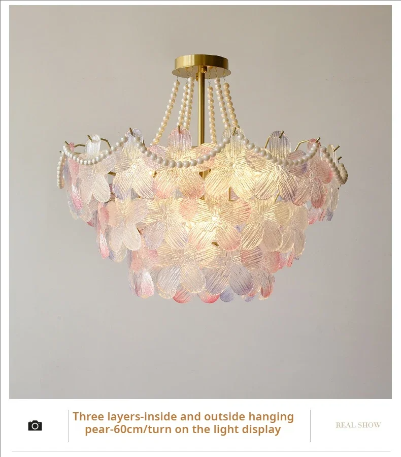 French Flower Crystal Chandelier Lamp Luxury Pink Glass Cream Petal Pendant Lights Living Room Bedroom Dining Room lighting