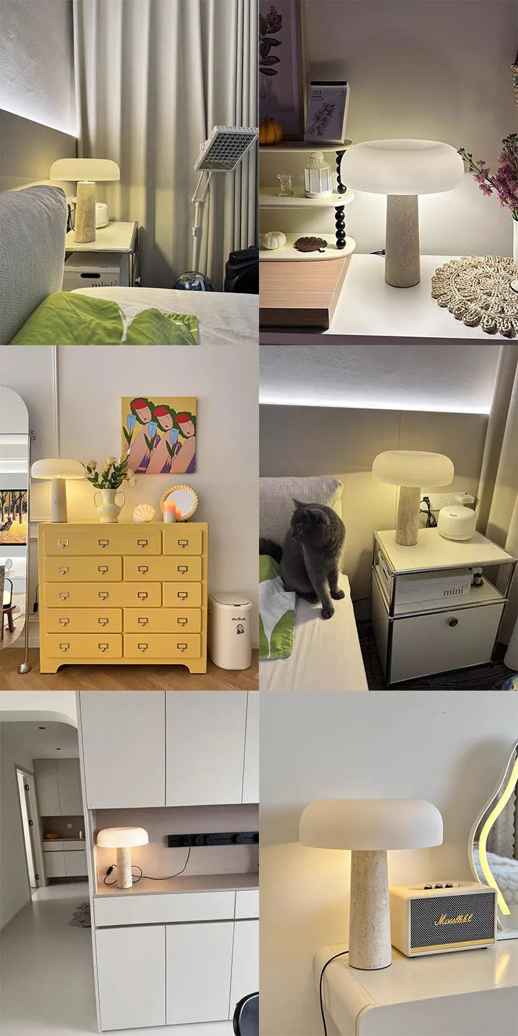 Modern Travertine Table Lamp Natural Stone LED Desk Lamp Indoor Decor Lighting Bedroom Living Room Study Matte Glass Lampshade