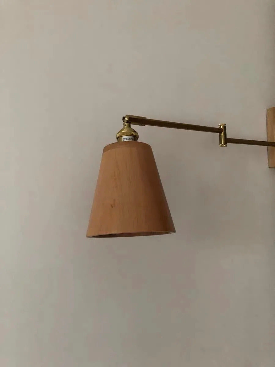 Retro Walnut Ash Wood LED Wall Lamp Copper Bedside Pull Chain Wall Light