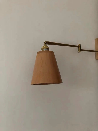 Retro Walnut Ash Wood LED Wall Lamp Copper Bedside Pull Chain Wall Light