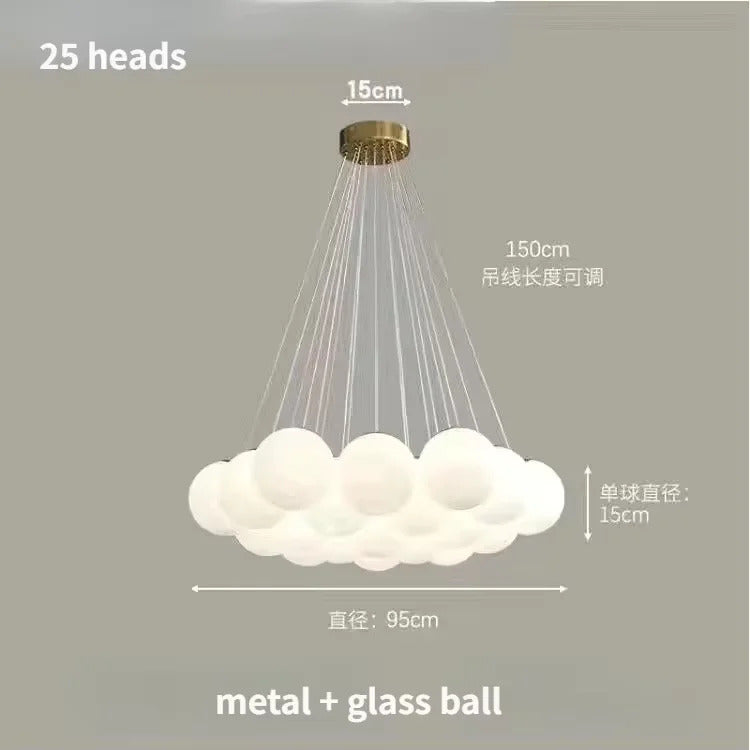 Lustre moderno em estilo creme com bolas de vidro branco, lustre criativo de bolhas LED para sala de estar e quarto, candeeiro nórdico com lua e planetas.