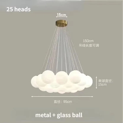 Lustre moderno em estilo creme com bolas de vidro branco, lustre criativo de bolhas LED para sala de estar e quarto, candeeiro nórdico com lua e planetas.