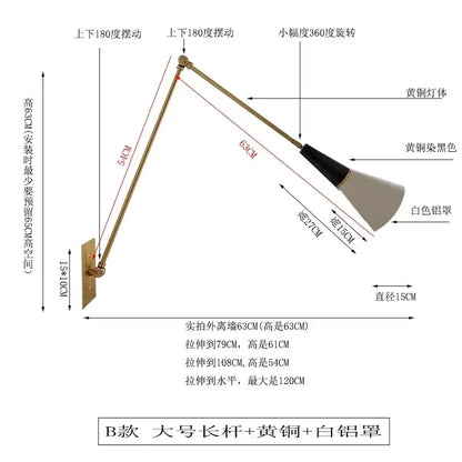 American Luxury Brass golden Wall Lamp Retro Swing Arm Adjustable Wall Light