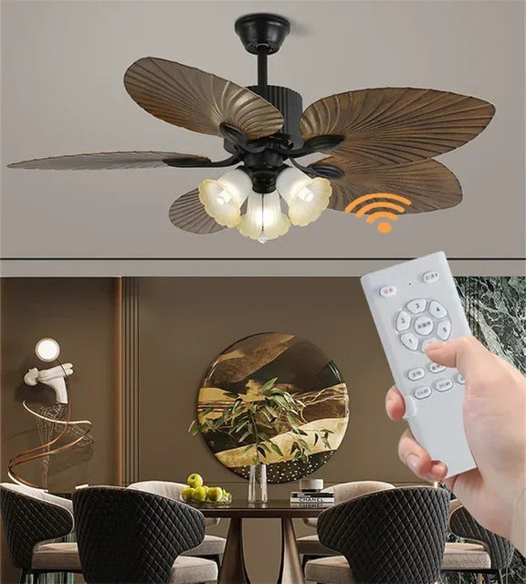 American Retro ceiling Fan Light European Mid-Century vintage Luxury chandelier Remote Fan