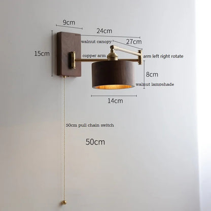 Retro Walnut Ash Wood LED Wall Lamp Copper Bedside Pull Chain Wall Light