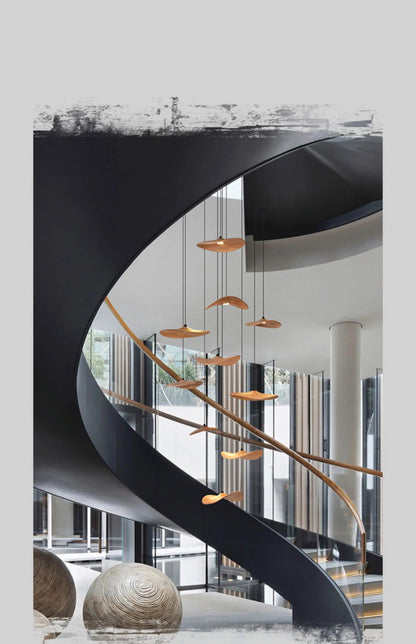 Japanese Lotus Leaf Chandelier Wabi Sabi Solid Wood Hanging Lamp