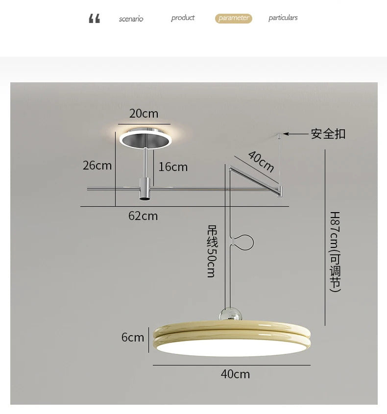 French Flying Saucer Pendant Light Creative Design Extendable Rotating Long Pole Lamp