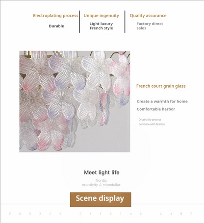 French Flower Crystal Chandelier Lamp Luxury Pink Glass Cream Petal Pendant Lights Living Room Bedroom Dining Room lighting