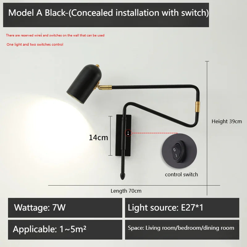 Nordic Long arm Wall lamp Art design Adjustable Wall light gold black swing sconce