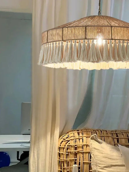 Wabi Sabi Style Retro Living Room Hemp Rope Pendant Light Bohemian Tassel Pendant Lamp
