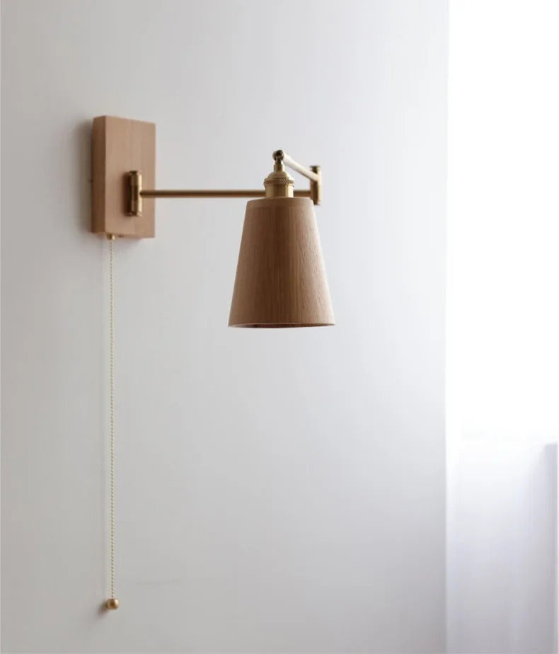 Retro Walnut Ash Wood LED Wall Lamp Copper Bedside Pull Chain Wall Light