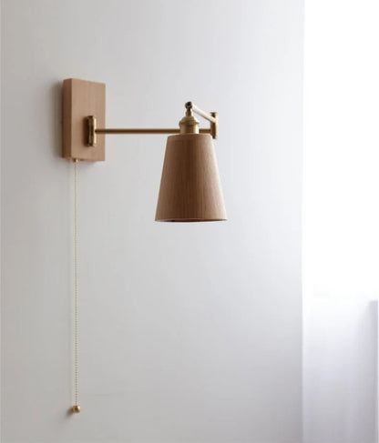 Retro Walnut Ash Wood LED Wall Lamp Copper Bedside Pull Chain Wall Light