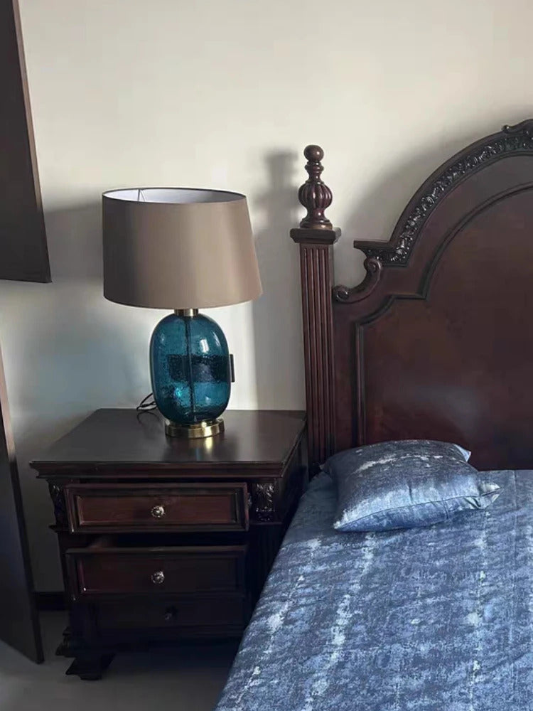 American Blue Glass Desk Lamp Fabric Lampshade Warm LED Light Bedroom Bedside Table Living Room Decor Accent