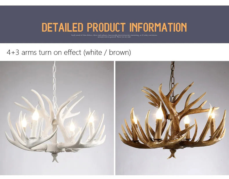 Retro Antler Chandelier Lighting Resin Deer Horn Pendant Lamp