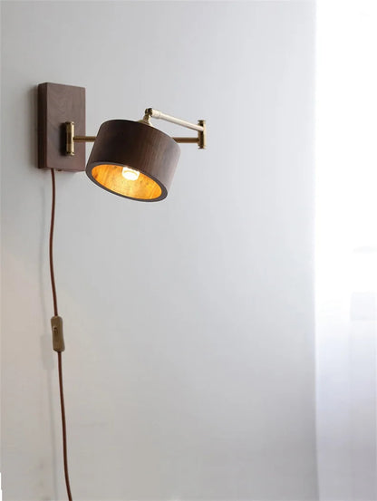 Retro Walnut Ash Wood LED Wall Lamp Copper Bedside Pull Chain Wall Light