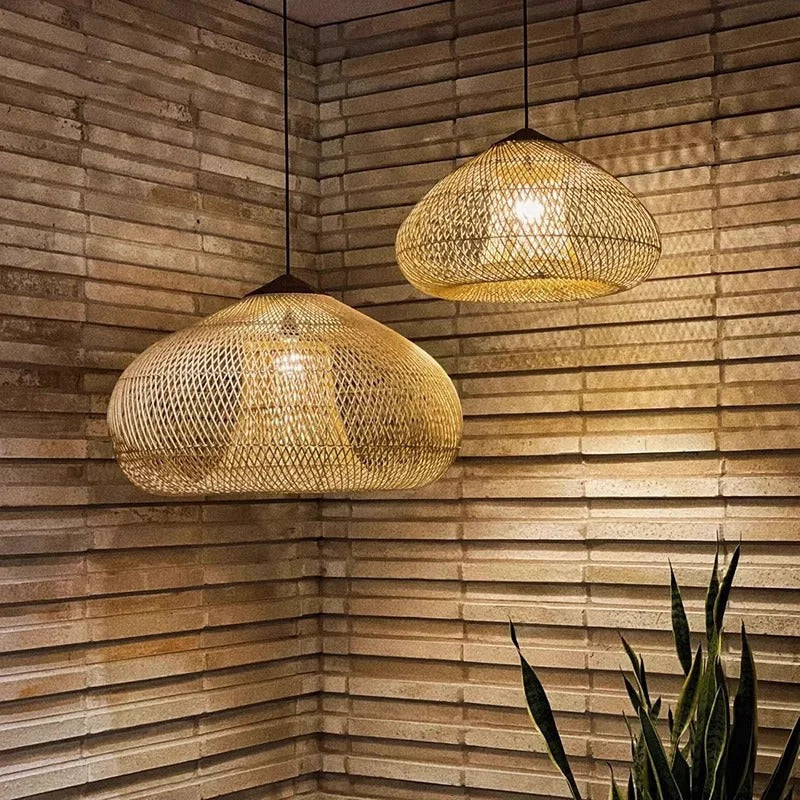 Japanese Wabi-Sabi Rattan Pendant Light Hand-Woven Boho Lamp