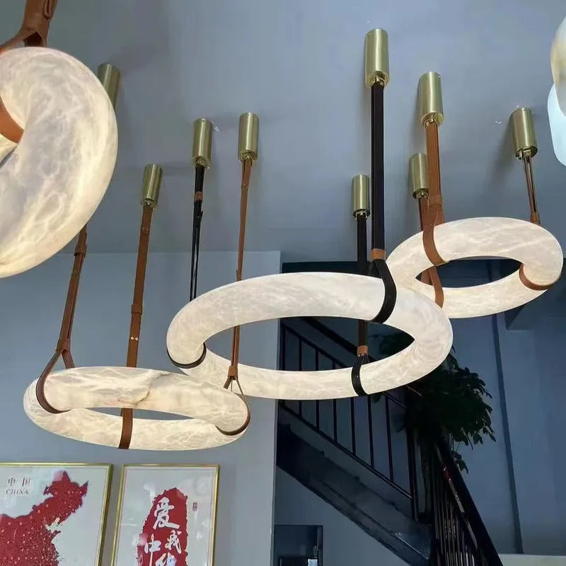 Hot selling high-end living room main light, round all copper leather pendant light, Spanish marble pendant light