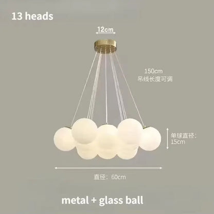 Lustre moderno em estilo creme com bolas de vidro branco, lustre criativo de bolhas LED para sala de estar e quarto, candeeiro nórdico com lua e planetas.