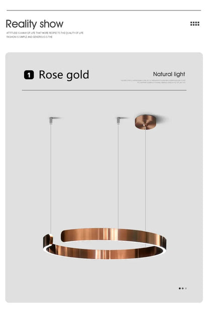 Moderno candeeiro suspenso LED em formato de anel, com intensidade regulável, nas cores dourado e preto, ideal para mesas, salas de jantar, cozinhas e quartos. Design minimalista e elegante. 