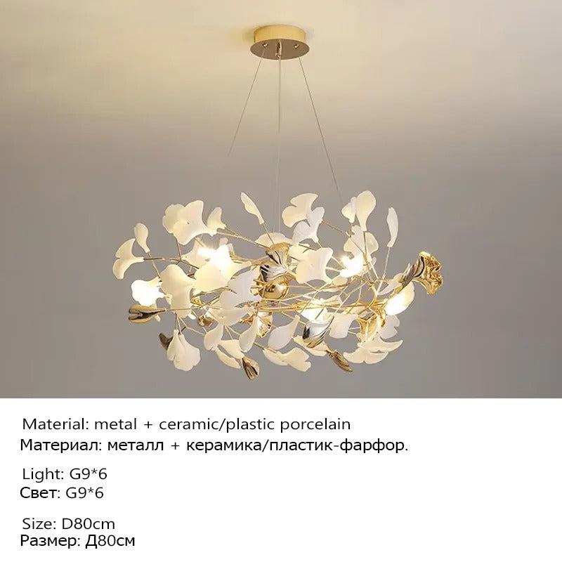 Luxury Ceramic Ginkgo Leaf Chandelier Gold Branches Chandelier