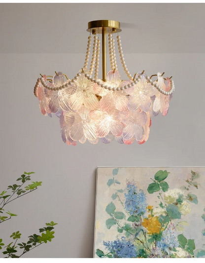 French Flower Crystal Chandelier Lamp Luxury Pink Glass Cream Petal Pendant Lights Living Room Bedroom Dining Room lighting
