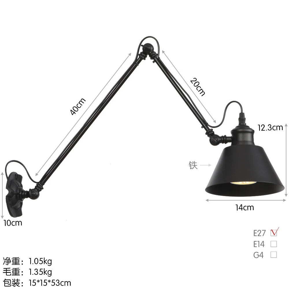Nordic simple long black wall light Industrial Pole Swing Arm vintage Reading wall lamp