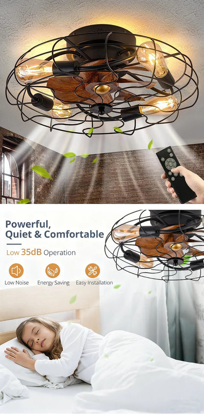 Industrial Retro Fan Light with remote control 110V-220V Living room Light