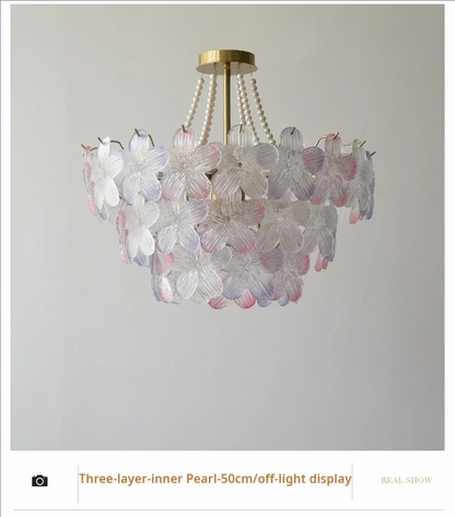 French Flower Crystal Chandelier Lamp Luxury Pink Glass Cream Petal Pendant Lights Living Room Bedroom Dining Room lighting