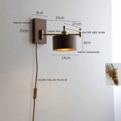 Retro Walnut Ash Wood LED Wall Lamp Copper Bedside Pull Chain Wall Light