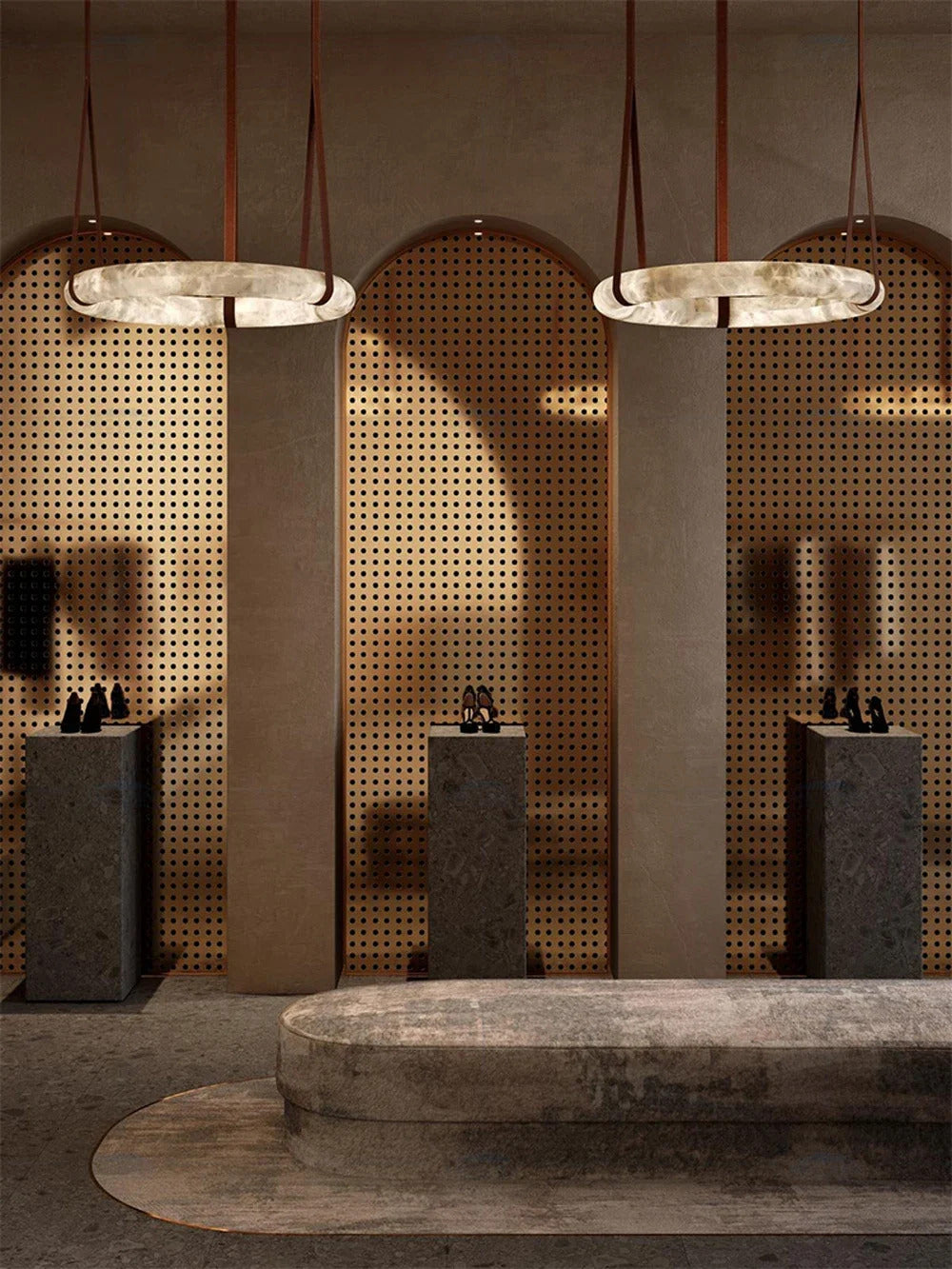 Hot selling high-end living room main light, round all copper leather pendant light, Spanish marble pendant light