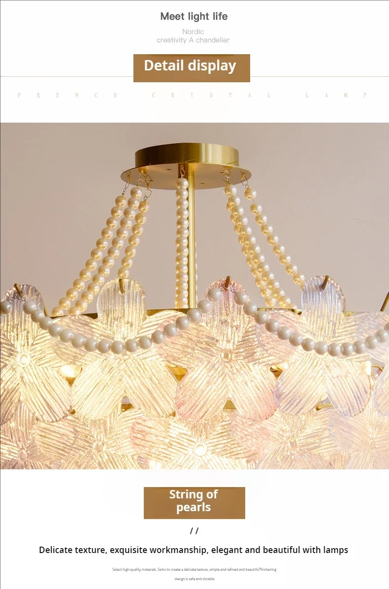 French Flower Crystal Chandelier Lamp Luxury Pink Glass Cream Petal Pendant Lights Living Room Bedroom Dining Room lighting