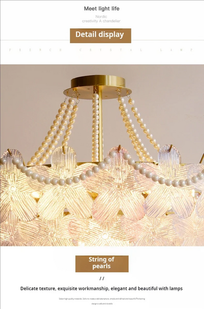 French Flower Crystal Chandelier Lamp Luxury Pink Glass Cream Petal Pendant Lights Living Room Bedroom Dining Room lighting