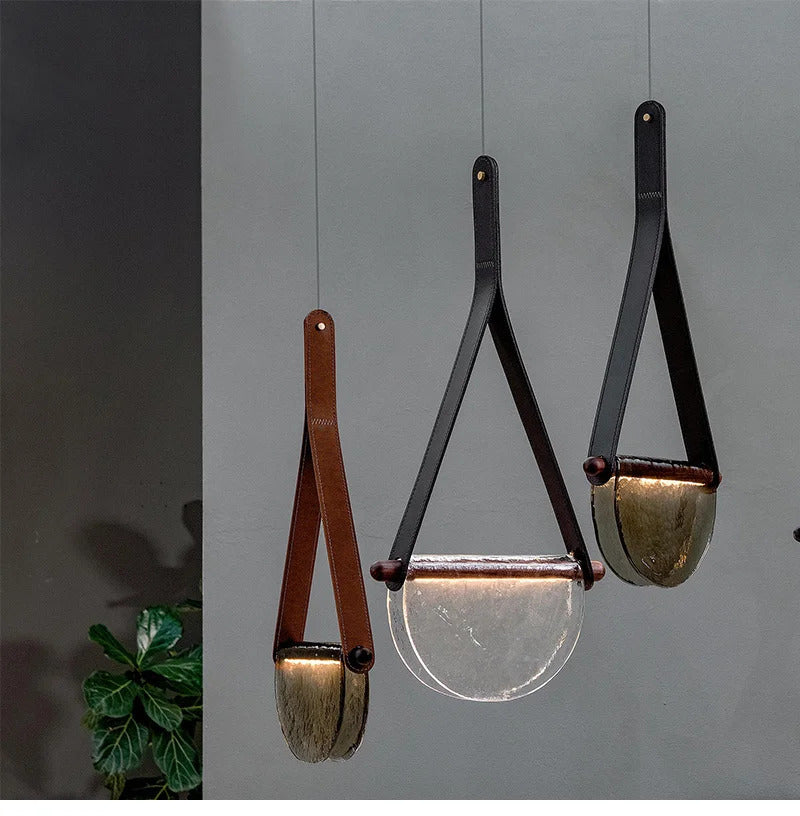 Modern leather handmade glass pendant lamp gray amber clear glass pendant Light